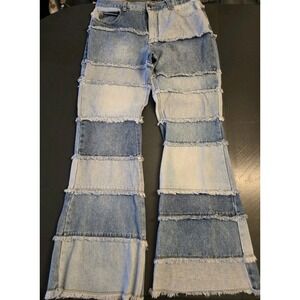 Zana Di Women's Wide-Leg Colorblock Fringe Blue Denim Jeans Size 13 Hippy Boho